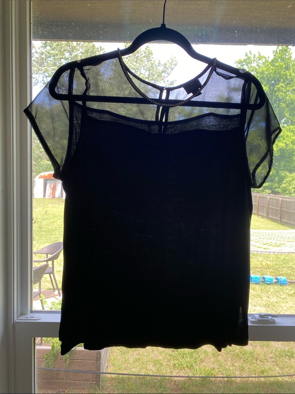 Worthington Black Sheer Yoke Cap-Sleeve Top